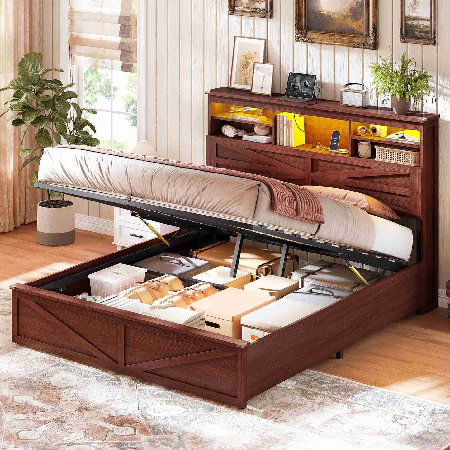 AOGLLATI Farmhouse Bed Frame Queen Size with Lift Up Storage and Hidden Bookcase Storage Headboard Wood Bed Frame with Charging Station and Led Lights