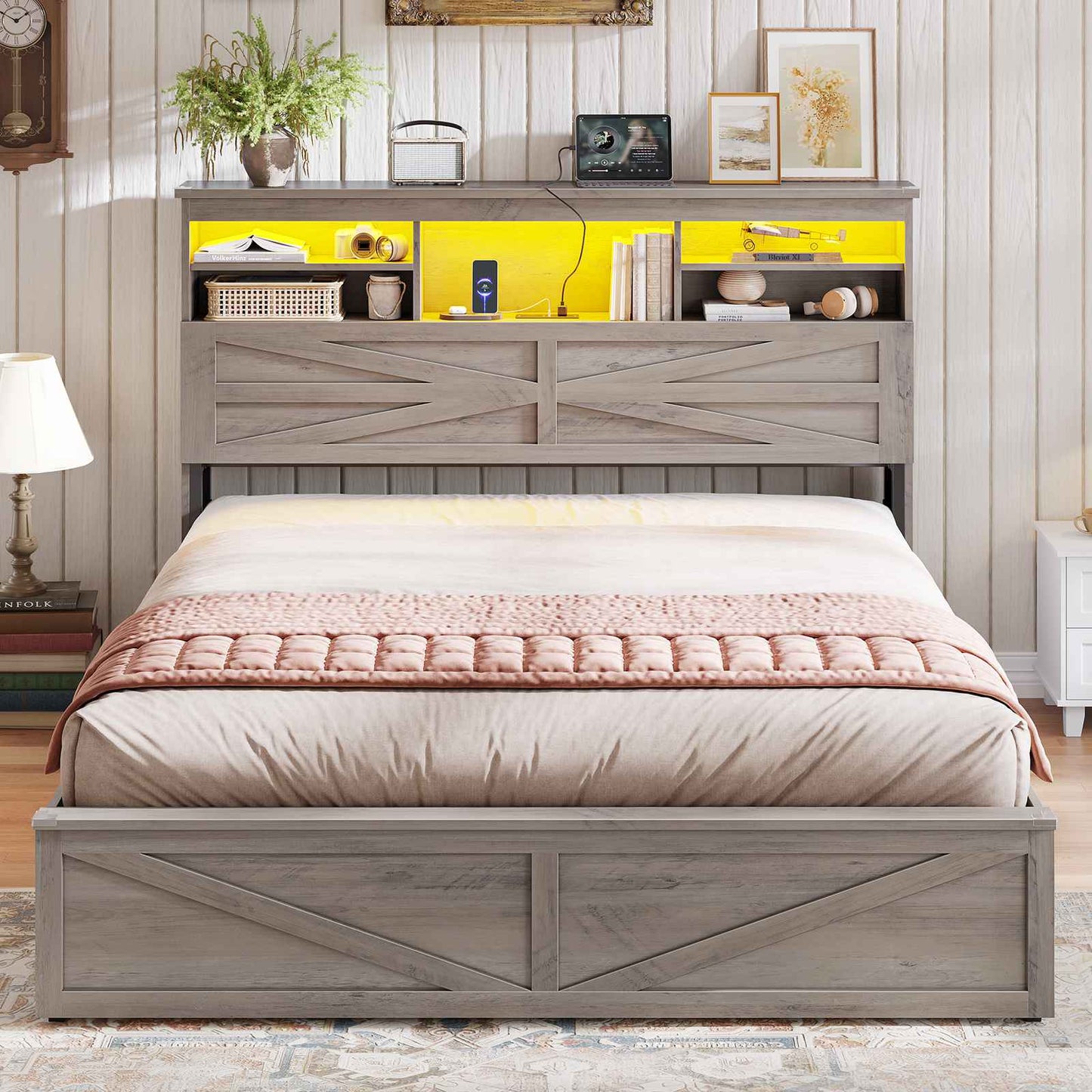 AOGLLATI Farmhouse Bed Frame Queen Size with Lift Up Storage and Hidden Bookcase Storage Headboard Wood Bed Frame with Charging Station and Led Lights