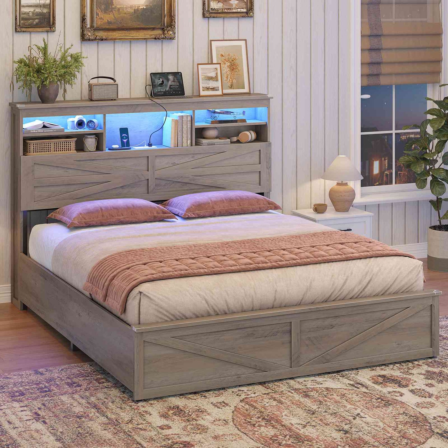 AOGLLATI Farmhouse Bed Frame Queen Size with Lift Up Storage and Hidden Bookcase Storage Headboard Wood Bed Frame with Charging Station and Led Lights
