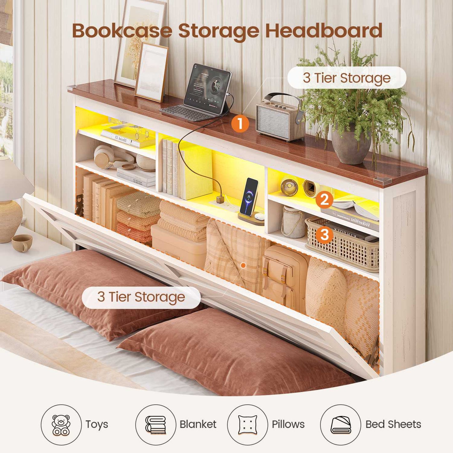 AOGLLATI Farmhouse Bed Frame Queen Size with Lift Up Storage and Hidden Bookcase Storage Headboard Wood Bed Frame with Charging Station and Led Lights