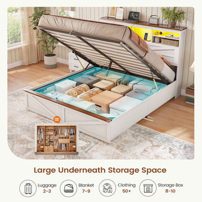 AOGLLATI Farmhouse Bed Frame Queen Size with Lift Up Storage and Hidden Bookcase Storage Headboard Wood Bed Frame with Charging Station and Led Lights