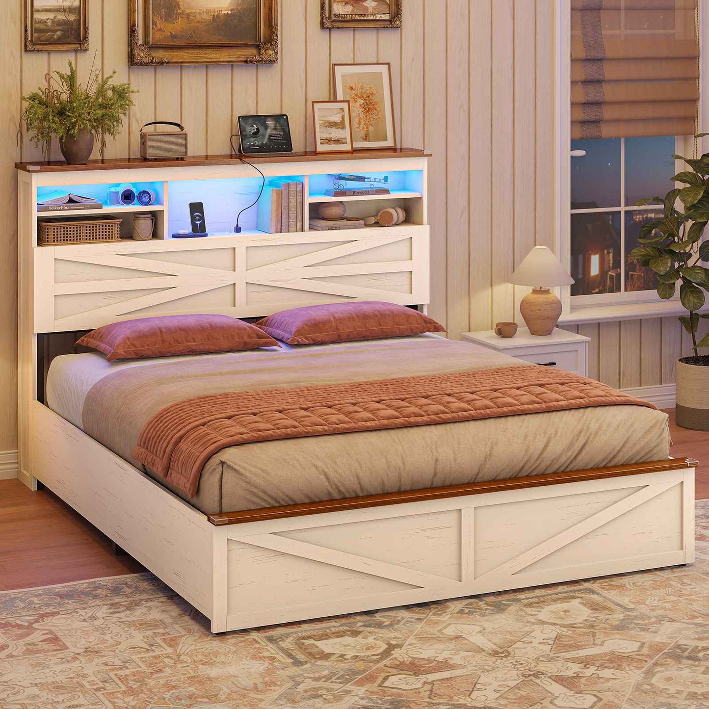 AOGLLATI Farmhouse Bed Frame Queen Size with Lift Up Storage and Hidden Bookcase Storage Headboard Wood Bed Frame with Charging Station and Led Lights