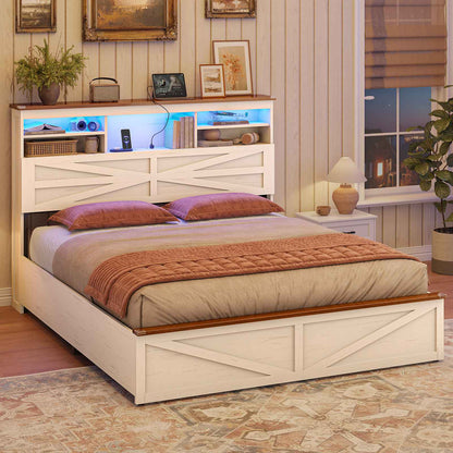 AOGLLATI Farmhouse Bed Frame Queen Size with Lift Up Storage and Hidden Bookcase Storage Headboard Wood Bed Frame with Charging Station and Led Lights