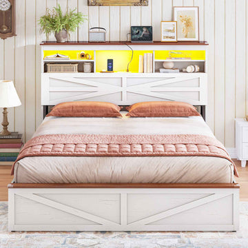 AOGLLATI Farmhouse Bed Frame Queen Size with Lift Up Storage and Hidden Bookcase Storage Headboard Wood Bed Frame with Charging Station and Led Lights