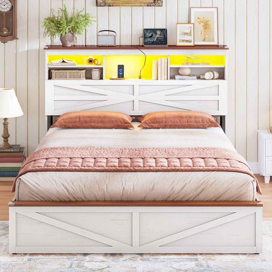 AOGLLATI Farmhouse Bed Frame Queen Size with Lift Up Storage and Hidden Bookcase Storage Headboard Wood Bed Frame with Charging Station and Led Lights