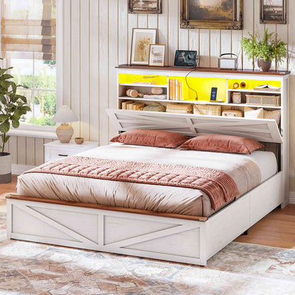 AOGLLATI Farmhouse Bed Frame Queen Size with Lift Up Storage and Hidden Bookcase Storage Headboard Wood Bed Frame with Charging Station and Led Lights