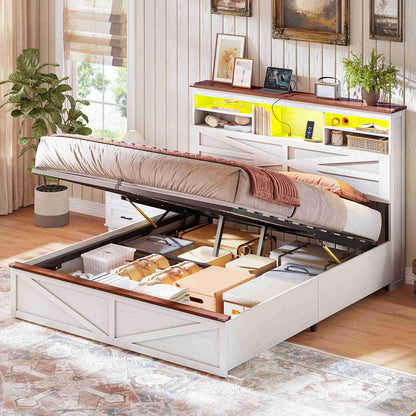 AOGLLATI Farmhouse Bed Frame Queen Size with Lift Up Storage and Hidden Bookcase Storage Headboard Wood Bed Frame with Charging Station and Led Lights