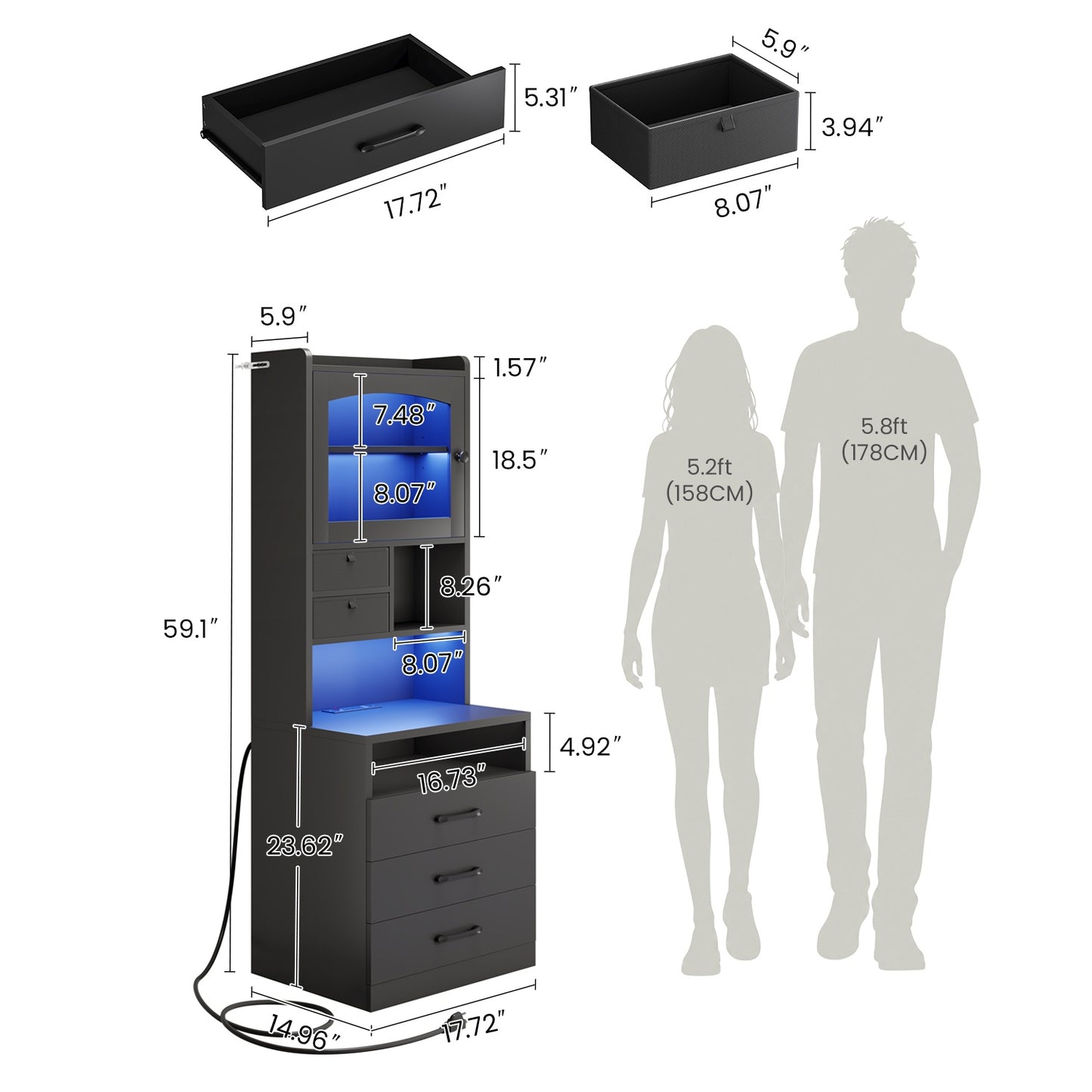 AOGLLATI 59" Tall Nightstand with Charging Station and 3 Drawers LED Bedside Table with Acrylic Display Cabinet and Open Shelves