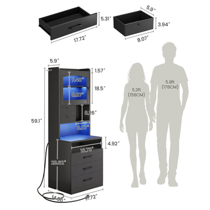 AOGLLATI 59" Tall Nightstand with Charging Station and 3 Drawers LED Bedside Table with Acrylic Display Cabinet and Open Shelves