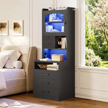 AOGLLATI 59" Tall Nightstand with Charging Station and 3 Drawers LED Bedside Table with Acrylic Display Cabinet and Open Shelves