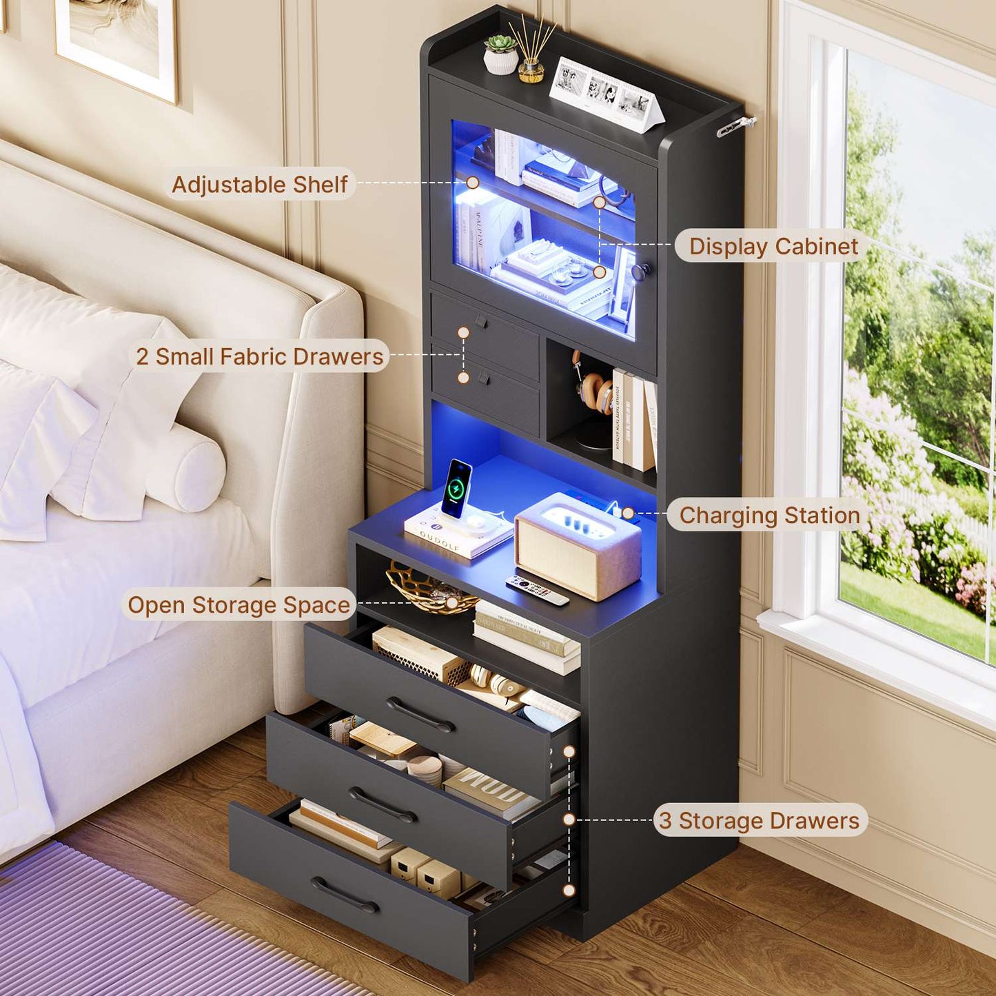 AOGLLATI 59" Tall Nightstand with Charging Station and 3 Drawers LED Bedside Table with Acrylic Display Cabinet and Open Shelves