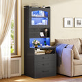 AOGLLATI 59" Tall Nightstand with Charging Station and 3 Drawers LED Bedside Table with Acrylic Display Cabinet and Open Shelves
