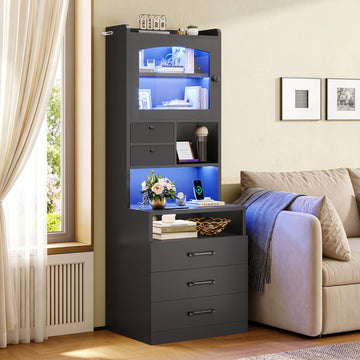 AOGLLATI 59" Tall Nightstand with Charging Station and 3 Drawers LED Bedside Table with Acrylic Display Cabinet and Open Shelves