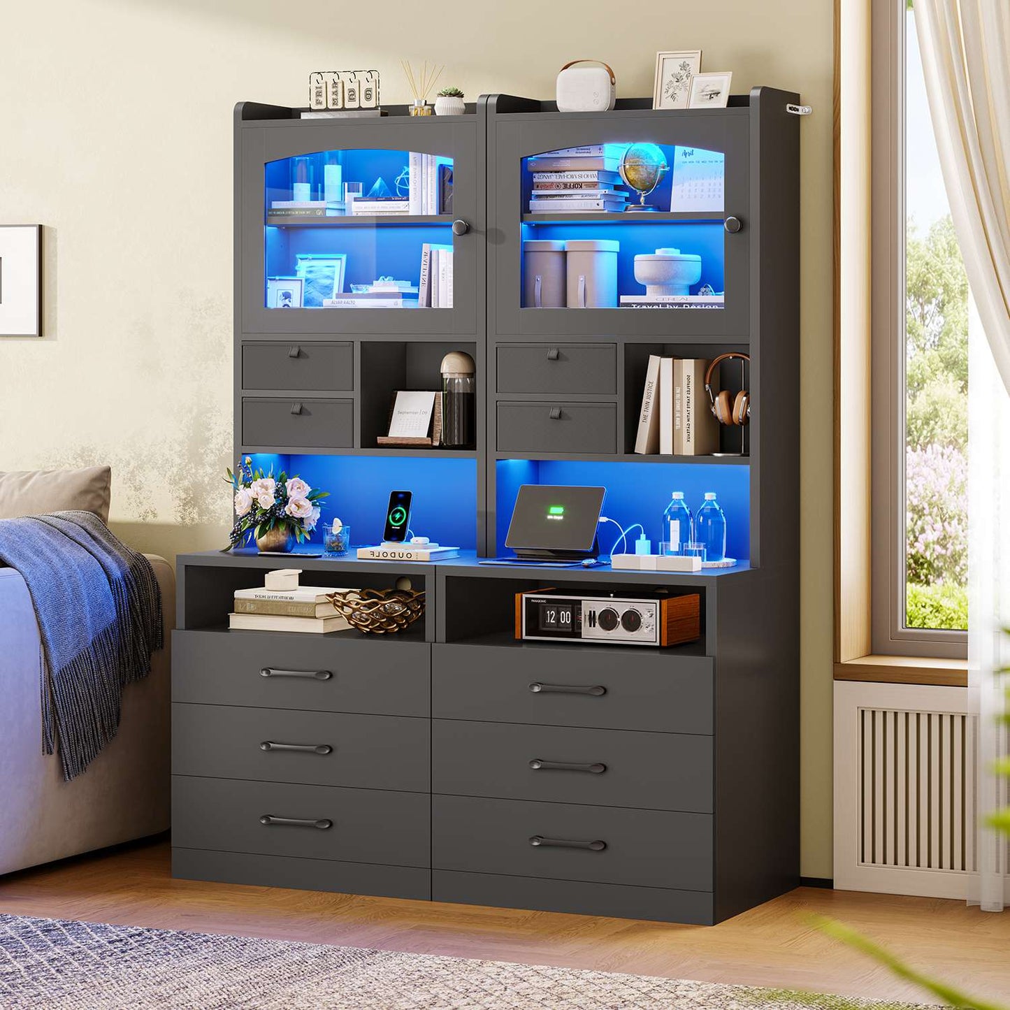 AOGLLATI 59" Tall Nightstand with Charging Station and 3 Drawers LED Bedside Table with Acrylic Display Cabinet and Open Shelves