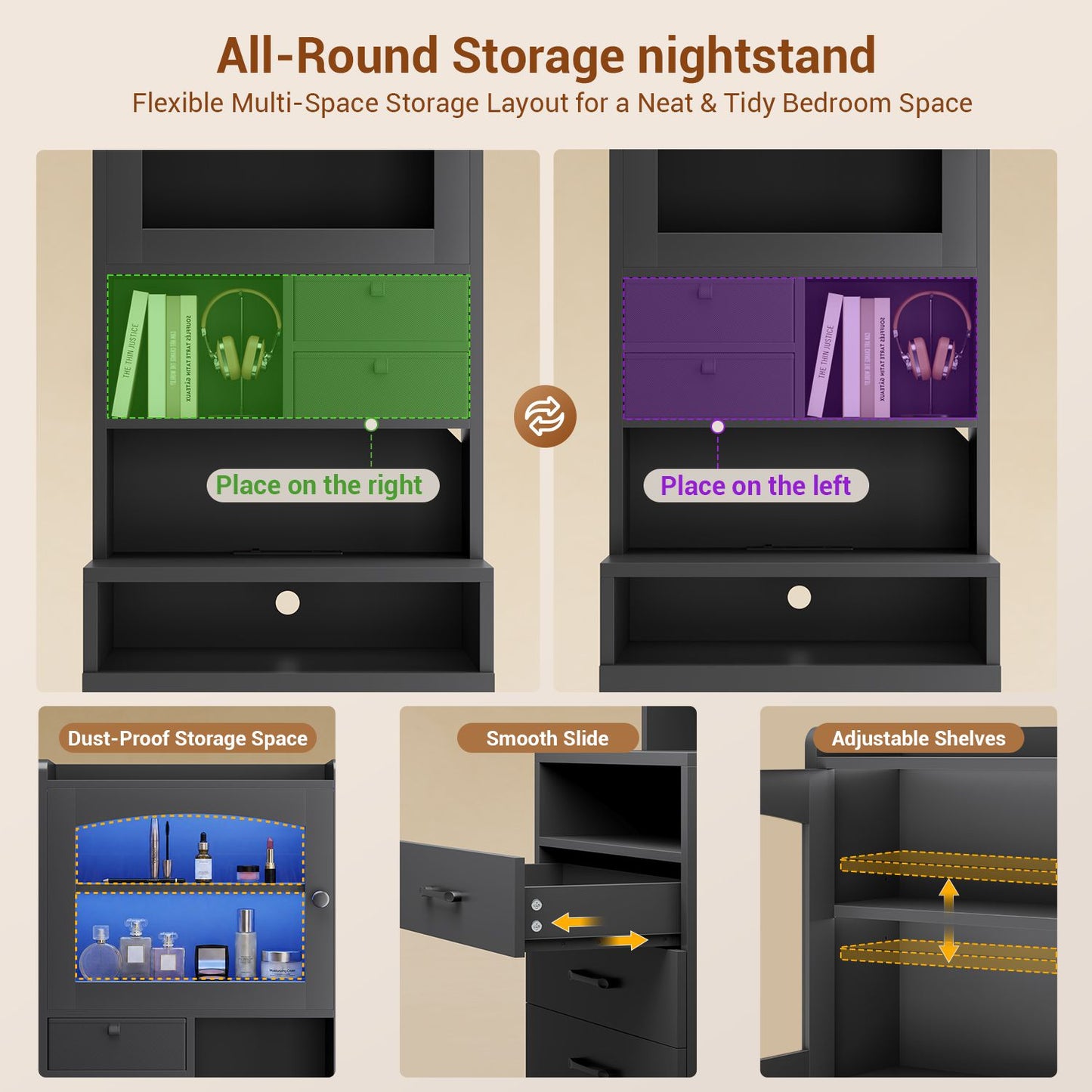 AOGLLATI 59" Tall Nightstand with Charging Station and 3 Drawers LED Bedside Table with Acrylic Display Cabinet and Open Shelves