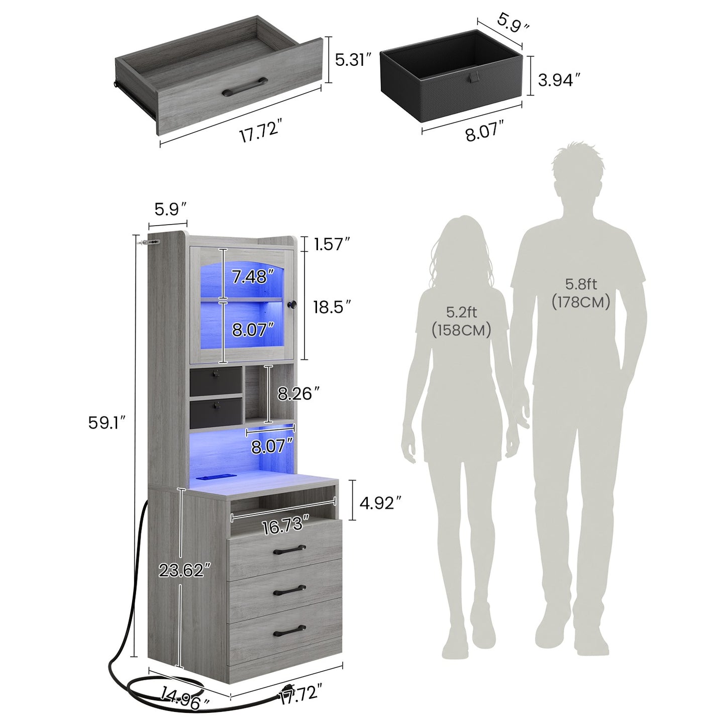 AOGLLATI 59" Tall Nightstand with Charging Station and 3 Drawers LED Bedside Table with Acrylic Display Cabinet and Open Shelves