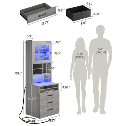 AOGLLATI 59" Tall Nightstand with Charging Station and 3 Drawers LED Bedside Table with Acrylic Display Cabinet and Open Shelves