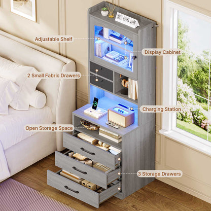 AOGLLATI 59" Tall Nightstand with Charging Station and 3 Drawers LED Bedside Table with Acrylic Display Cabinet and Open Shelves