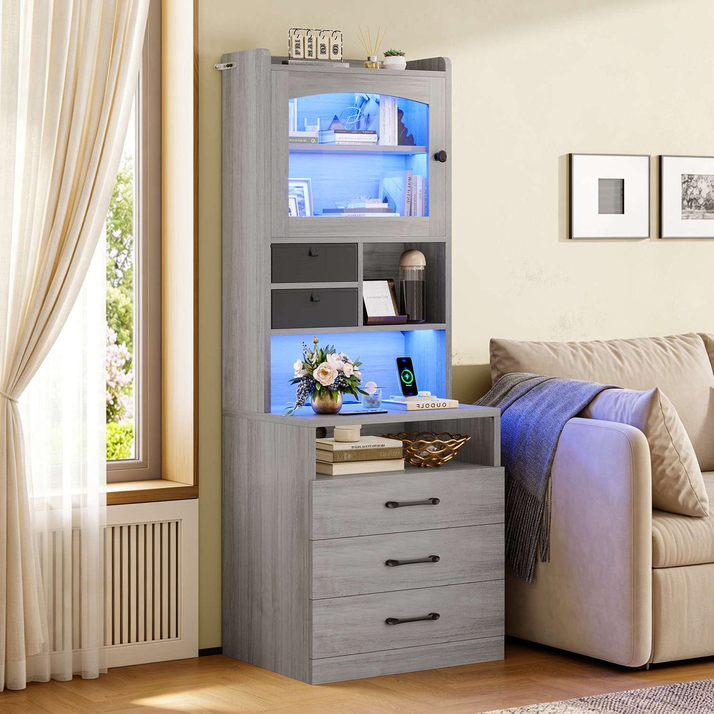 AOGLLATI 59" Tall Nightstand with Charging Station and 3 Drawers LED Bedside Table with Acrylic Display Cabinet and Open Shelves