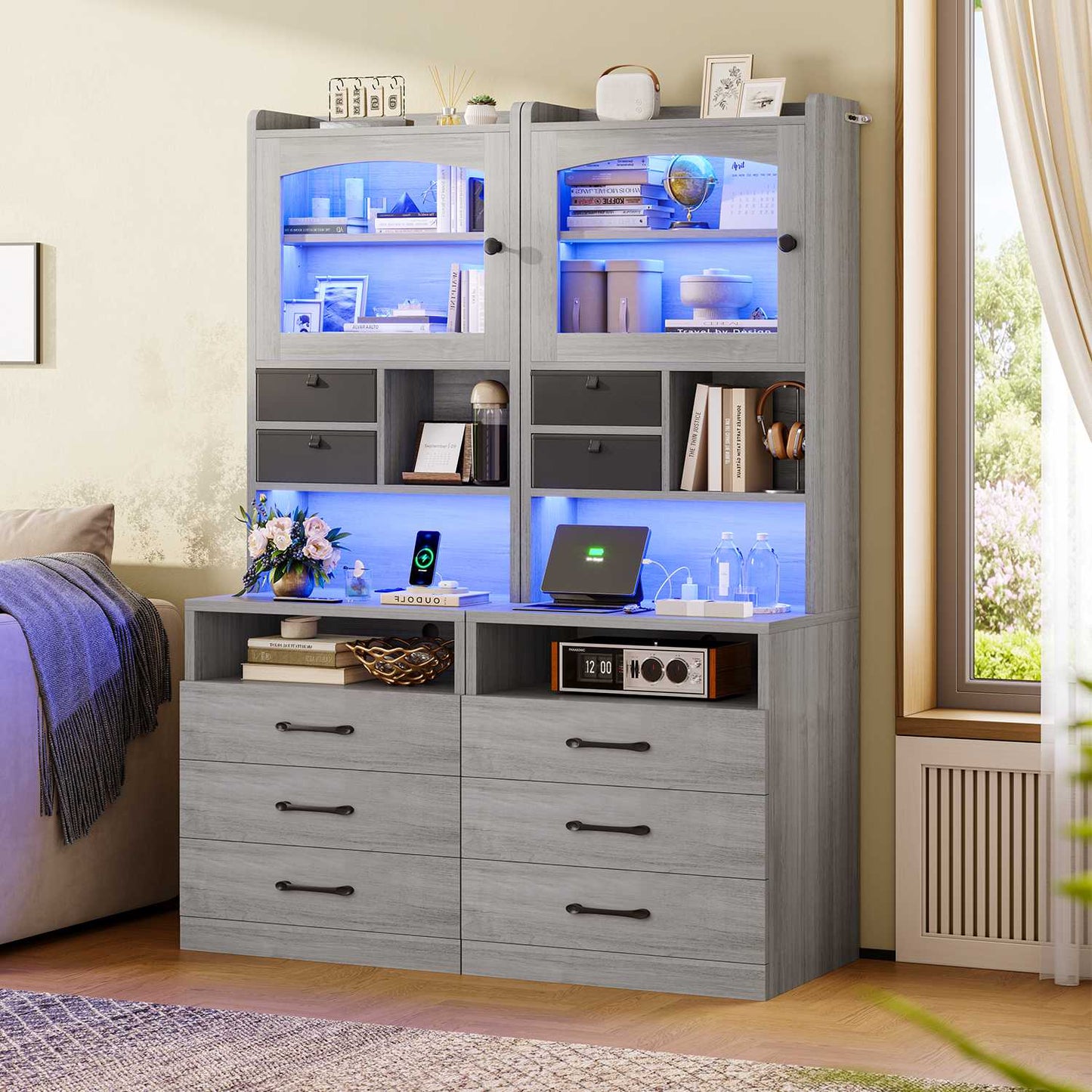 AOGLLATI 59" Tall Nightstand with Charging Station and 3 Drawers LED Bedside Table with Acrylic Display Cabinet and Open Shelves