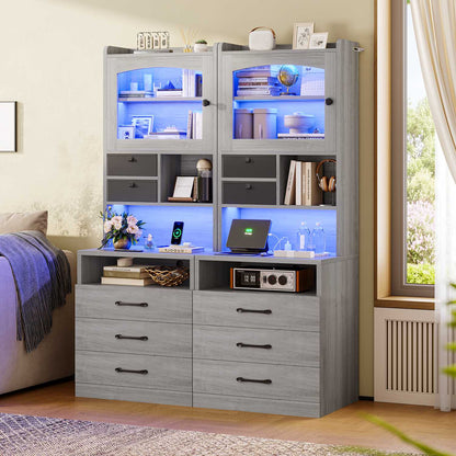 AOGLLATI 59" Tall Nightstand with Charging Station and 3 Drawers LED Bedside Table with Acrylic Display Cabinet and Open Shelves