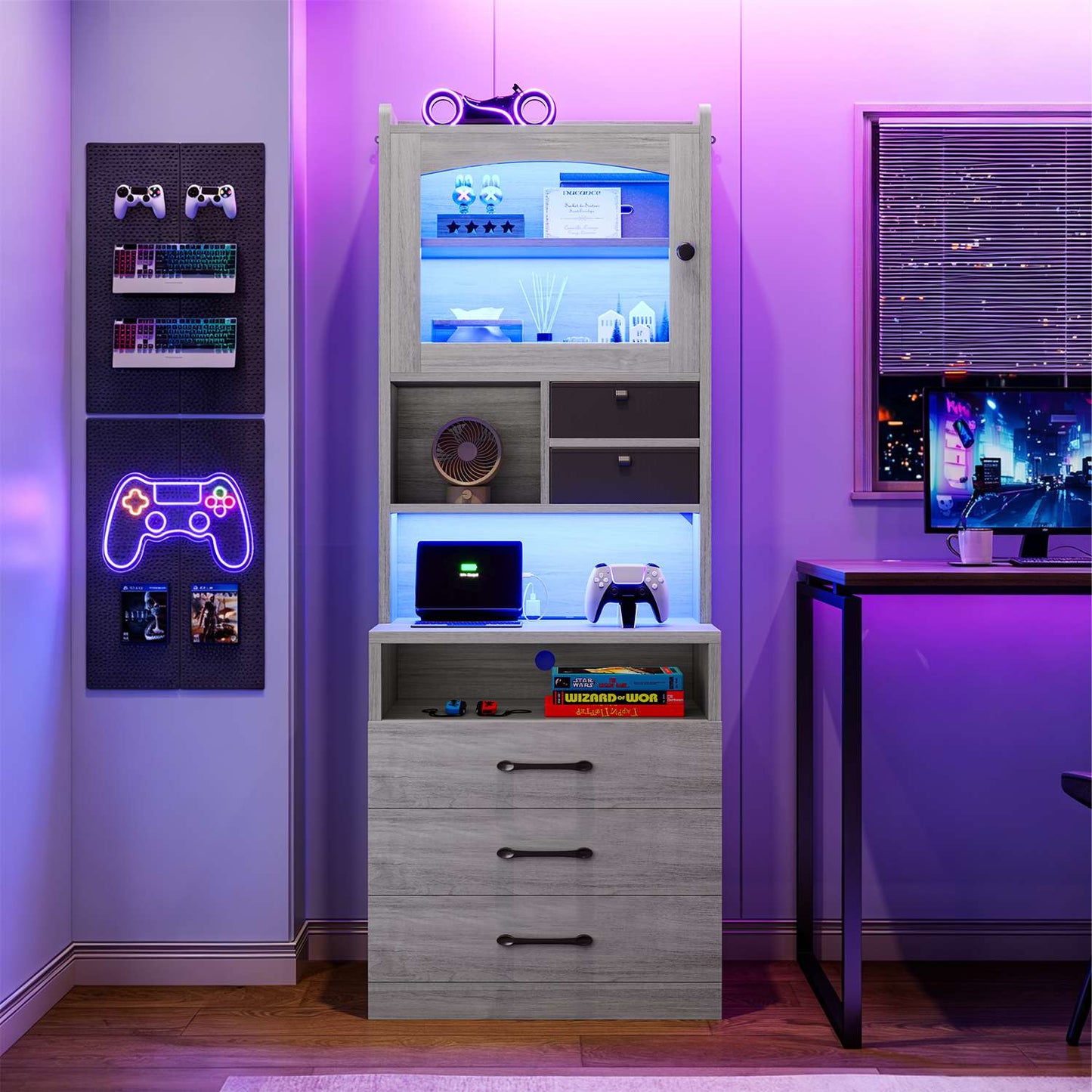 AOGLLATI 59" Tall Nightstand with Charging Station and 3 Drawers LED Bedside Table with Acrylic Display Cabinet and Open Shelves