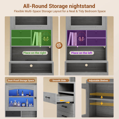 AOGLLATI 59" Tall Nightstand with Charging Station and 3 Drawers LED Bedside Table with Acrylic Display Cabinet and Open Shelves