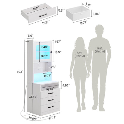 AOGLLATI 59" Tall Nightstand with Charging Station and 3 Drawers LED Bedside Table with Acrylic Display Cabinet and Open Shelves