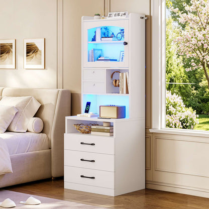 AOGLLATI 59" Tall Nightstand with Charging Station and 3 Drawers LED Bedside Table with Acrylic Display Cabinet and Open Shelves