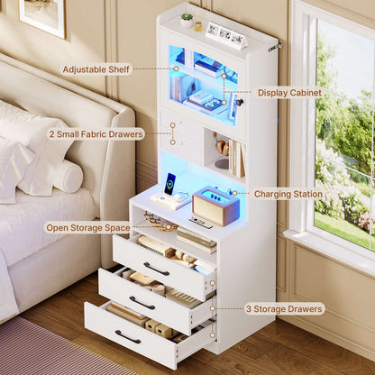 AOGLLATI 59" Tall Nightstand with Charging Station and 3 Drawers LED Bedside Table with Acrylic Display Cabinet and Open Shelves