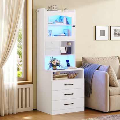 AOGLLATI 59" Tall Nightstand with Charging Station and 3 Drawers LED Bedside Table with Acrylic Display Cabinet and Open Shelves