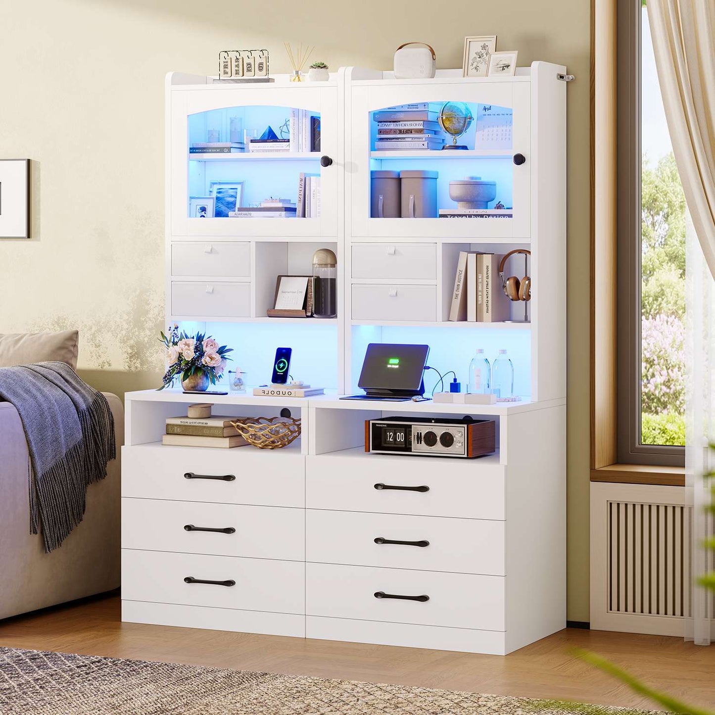 AOGLLATI 59" Tall Nightstand with Charging Station and 3 Drawers LED Bedside Table with Acrylic Display Cabinet and Open Shelves