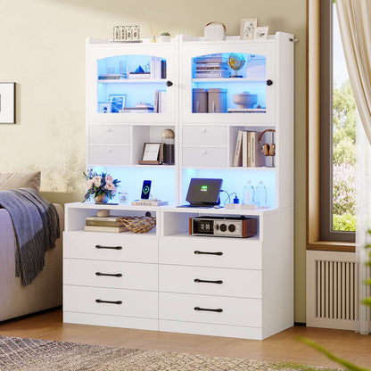 AOGLLATI 59" Tall Nightstand with Charging Station and 3 Drawers LED Bedside Table with Acrylic Display Cabinet and Open Shelves