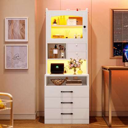 AOGLLATI 59" Tall Nightstand with Charging Station and 3 Drawers LED Bedside Table with Acrylic Display Cabinet and Open Shelves