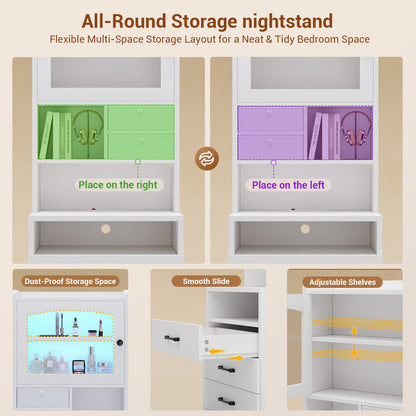 AOGLLATI 59" Tall Nightstand with Charging Station and 3 Drawers LED Bedside Table with Acrylic Display Cabinet and Open Shelves