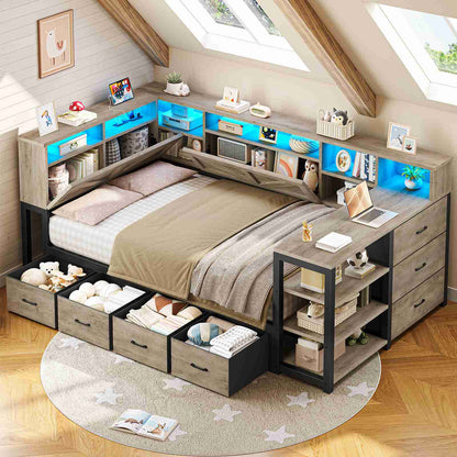 AOGLLATI Corner Bed Frame with Desk and Bookcase Headboard Farmhouse Twin Wood Platform Bed Frame with Storage Shelves and 7 Drawers Daybed with Charging Station and LED Lights