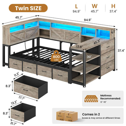 AOGLLATI Corner Bed Frame with Desk and Bookcase Headboard Farmhouse Twin Wood Platform Bed Frame with Storage Shelves and 7 Drawers Daybed with Charging Station and LED Lights