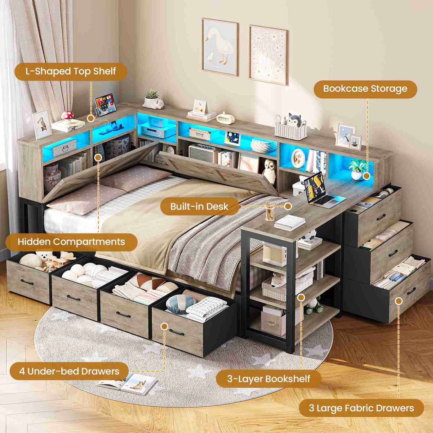 AOGLLATI Corner Bed Frame with Desk and Bookcase Headboard Farmhouse Twin Wood Platform Bed Frame with Storage Shelves and 7 Drawers Daybed with Charging Station and LED Lights