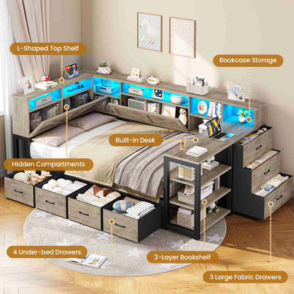 AOGLLATI Corner Bed Frame with Desk and Bookcase Headboard Farmhouse Twin Wood Platform Bed Frame with Storage Shelves and 7 Drawers Daybed with Charging Station and LED Lights