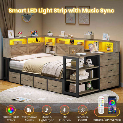 AOGLLATI Corner Bed Frame with Desk and Bookcase Headboard Farmhouse Twin Wood Platform Bed Frame with Storage Shelves and 7 Drawers Daybed with Charging Station and LED Lights
