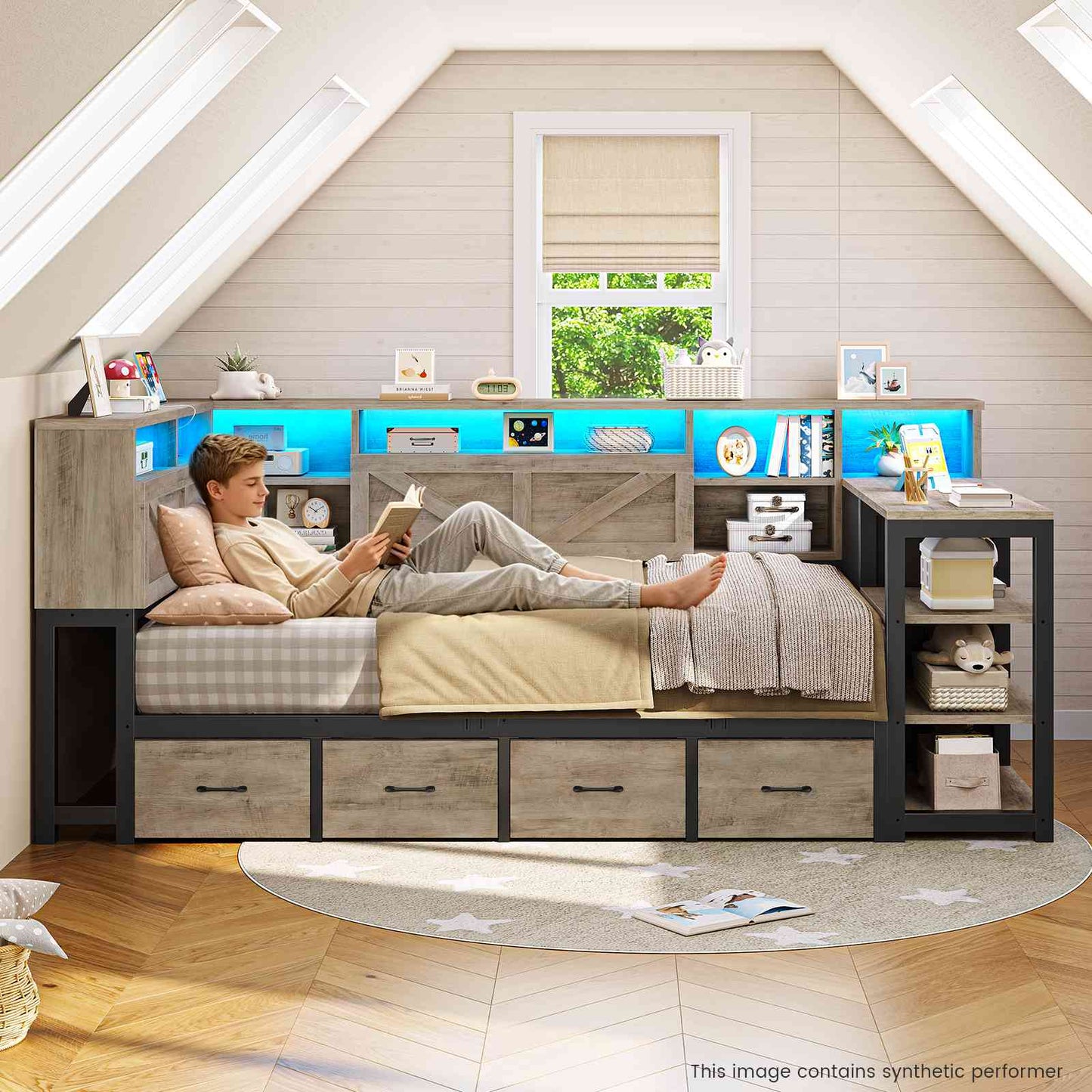 AOGLLATI Corner Bed Frame with Desk and Bookcase Headboard Farmhouse Twin Wood Platform Bed Frame with Storage Shelves and 7 Drawers Daybed with Charging Station and LED Lights