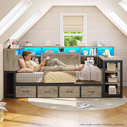 AOGLLATI Corner Bed Frame with Desk and Bookcase Headboard Farmhouse Twin Wood Platform Bed Frame with Storage Shelves and 7 Drawers Daybed with Charging Station and LED Lights