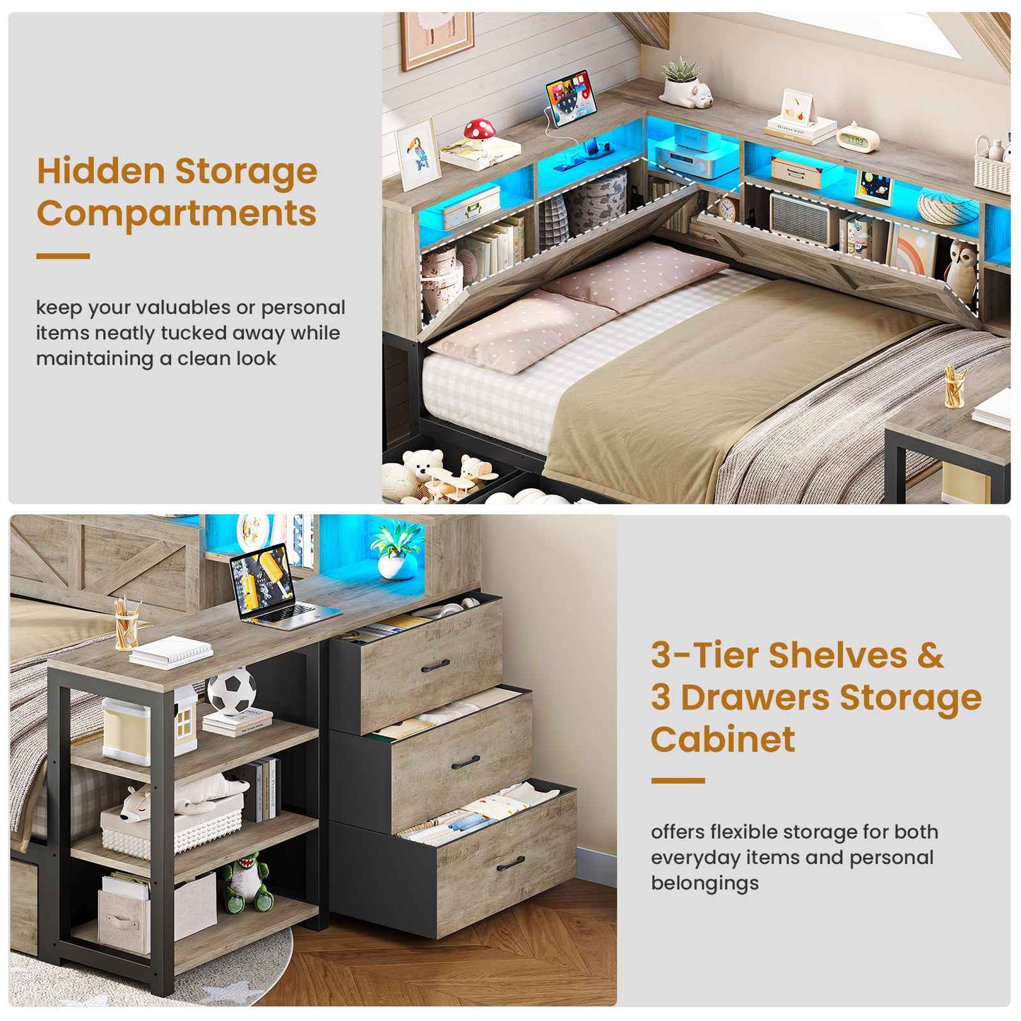 AOGLLATI Corner Bed Frame with Desk and Bookcase Headboard Farmhouse Twin Wood Platform Bed Frame with Storage Shelves and 7 Drawers Daybed with Charging Station and LED Lights
