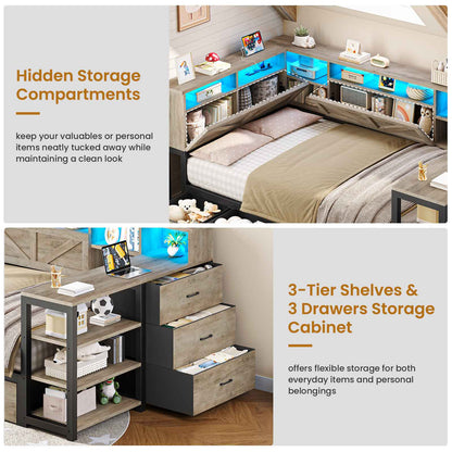 AOGLLATI Corner Bed Frame with Desk and Bookcase Headboard Farmhouse Twin Wood Platform Bed Frame with Storage Shelves and 7 Drawers Daybed with Charging Station and LED Lights