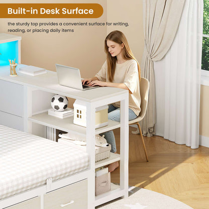 AOGLLATI Corner Bed Frame with Desk and Bookcase Headboard Farmhouse Twin Wood Platform Bed Frame with Storage Shelves and 7 Drawers Daybed with Charging Station and LED Lights