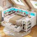 AOGLLATI Corner Bed Frame with Desk and Bookcase Headboard Farmhouse Twin Wood Platform Bed Frame with Storage Shelves and 7 Drawers Daybed with Charging Station and LED Lights