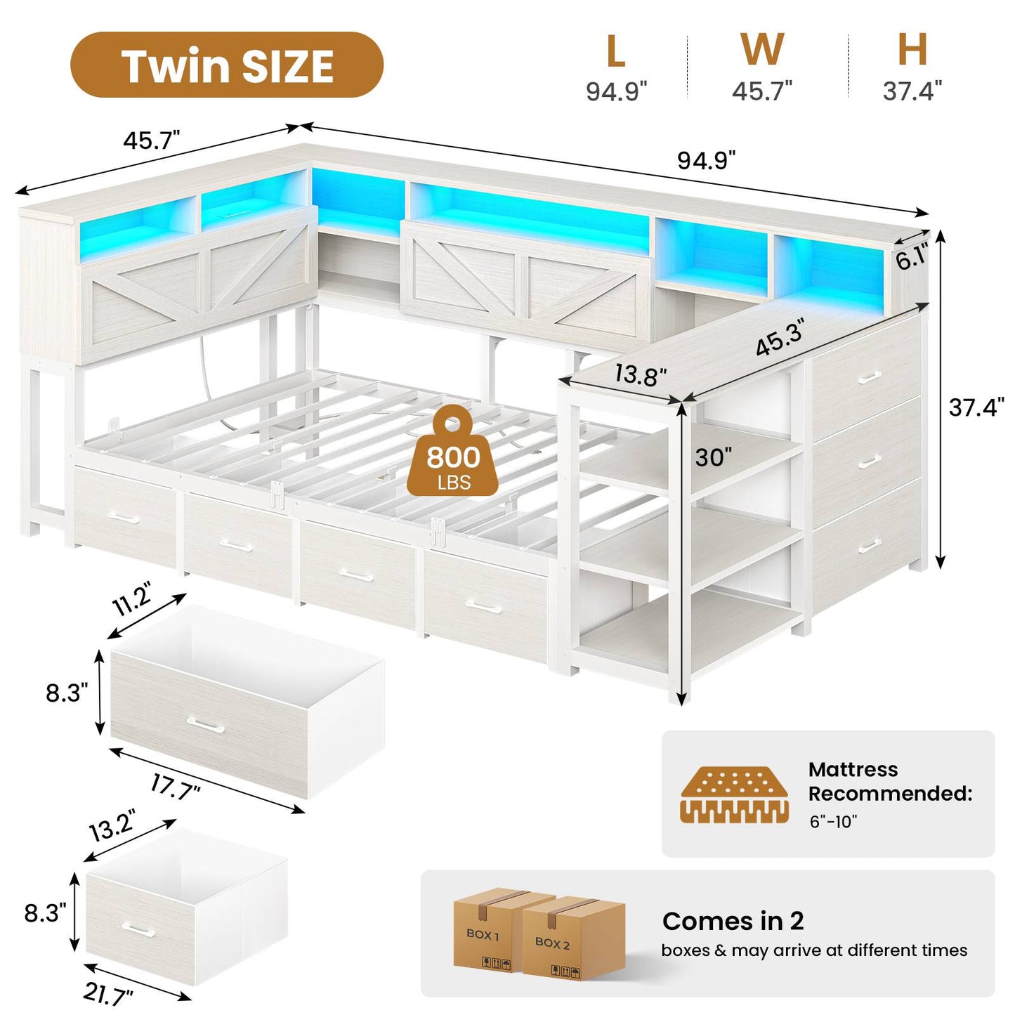 AOGLLATI Corner Bed Frame with Desk and Bookcase Headboard Farmhouse Twin Wood Platform Bed Frame with Storage Shelves and 7 Drawers Daybed with Charging Station and LED Lights