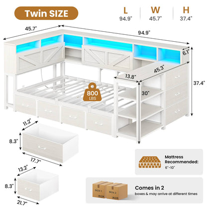 AOGLLATI Corner Bed Frame with Desk and Bookcase Headboard Farmhouse Twin Wood Platform Bed Frame with Storage Shelves and 7 Drawers Daybed with Charging Station and LED Lights