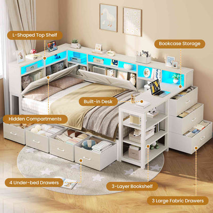 AOGLLATI Corner Bed Frame with Desk and Bookcase Headboard Farmhouse Twin Wood Platform Bed Frame with Storage Shelves and 7 Drawers Daybed with Charging Station and LED Lights