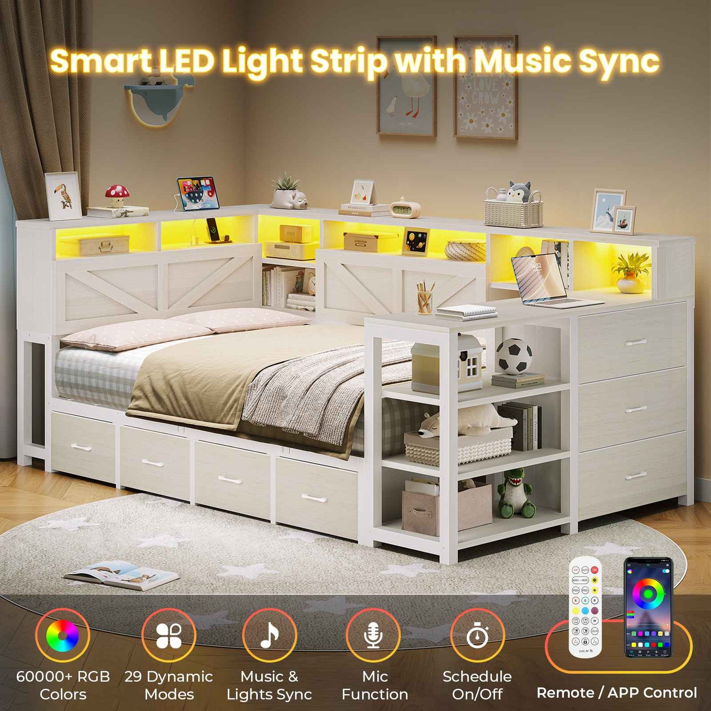 AOGLLATI Corner Bed Frame with Desk and Bookcase Headboard Farmhouse Twin Wood Platform Bed Frame with Storage Shelves and 7 Drawers Daybed with Charging Station and LED Lights